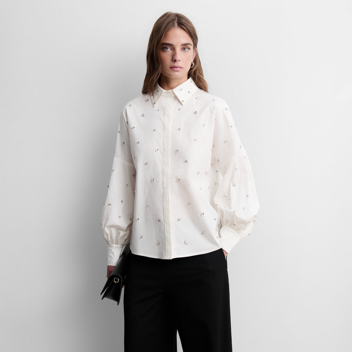Long-sleeve blouse with rhinestones