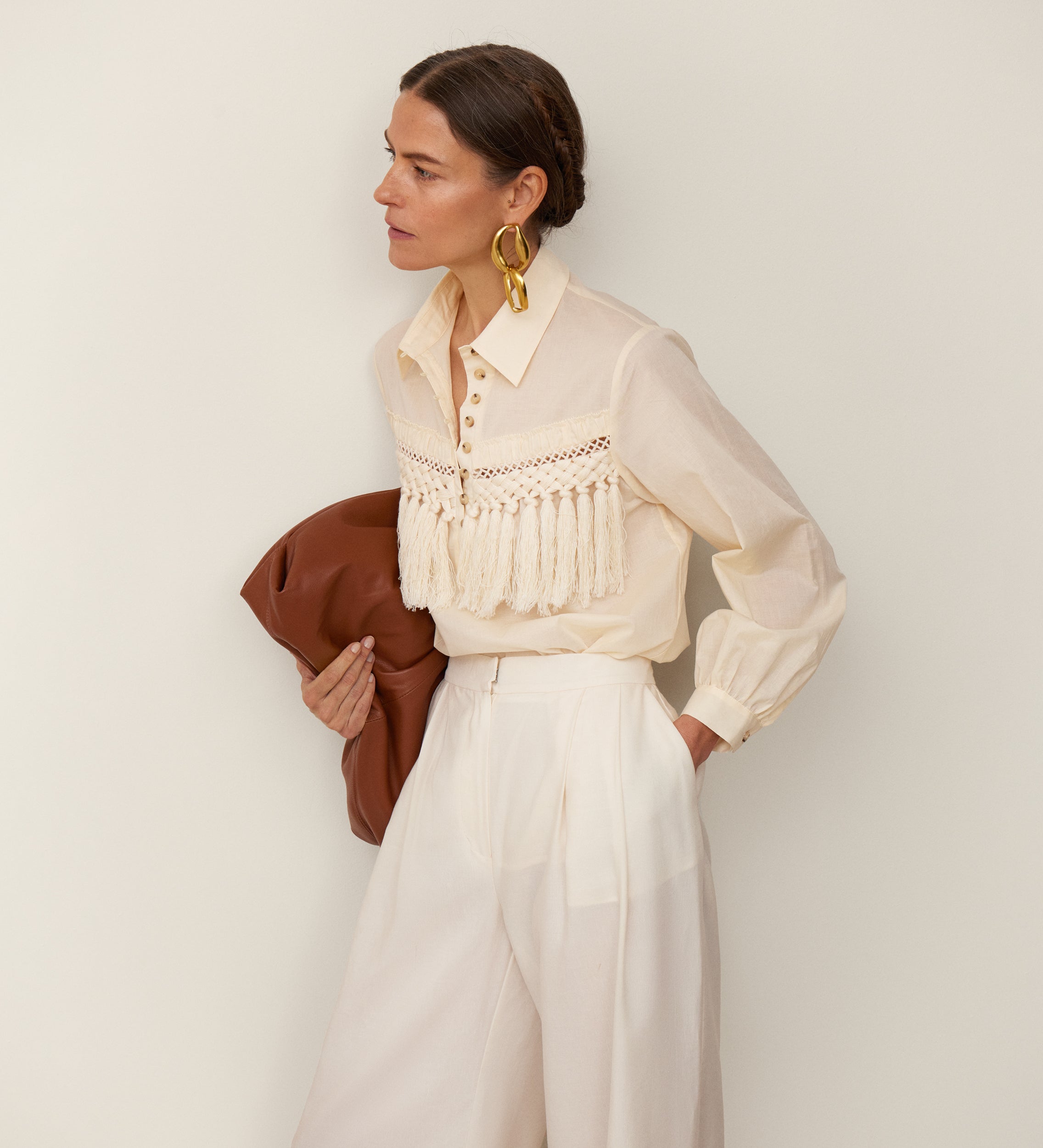 Blouse with fringe yoke