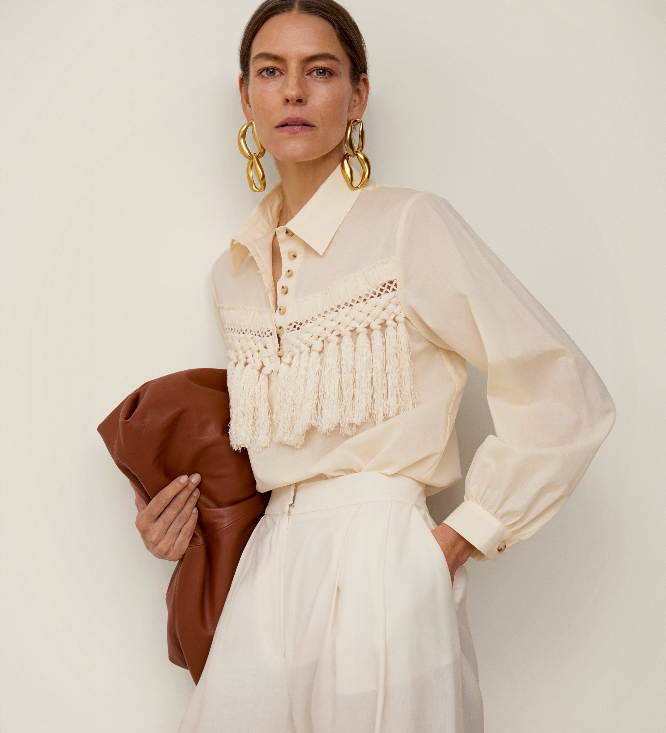 Blouse with fringe yoke