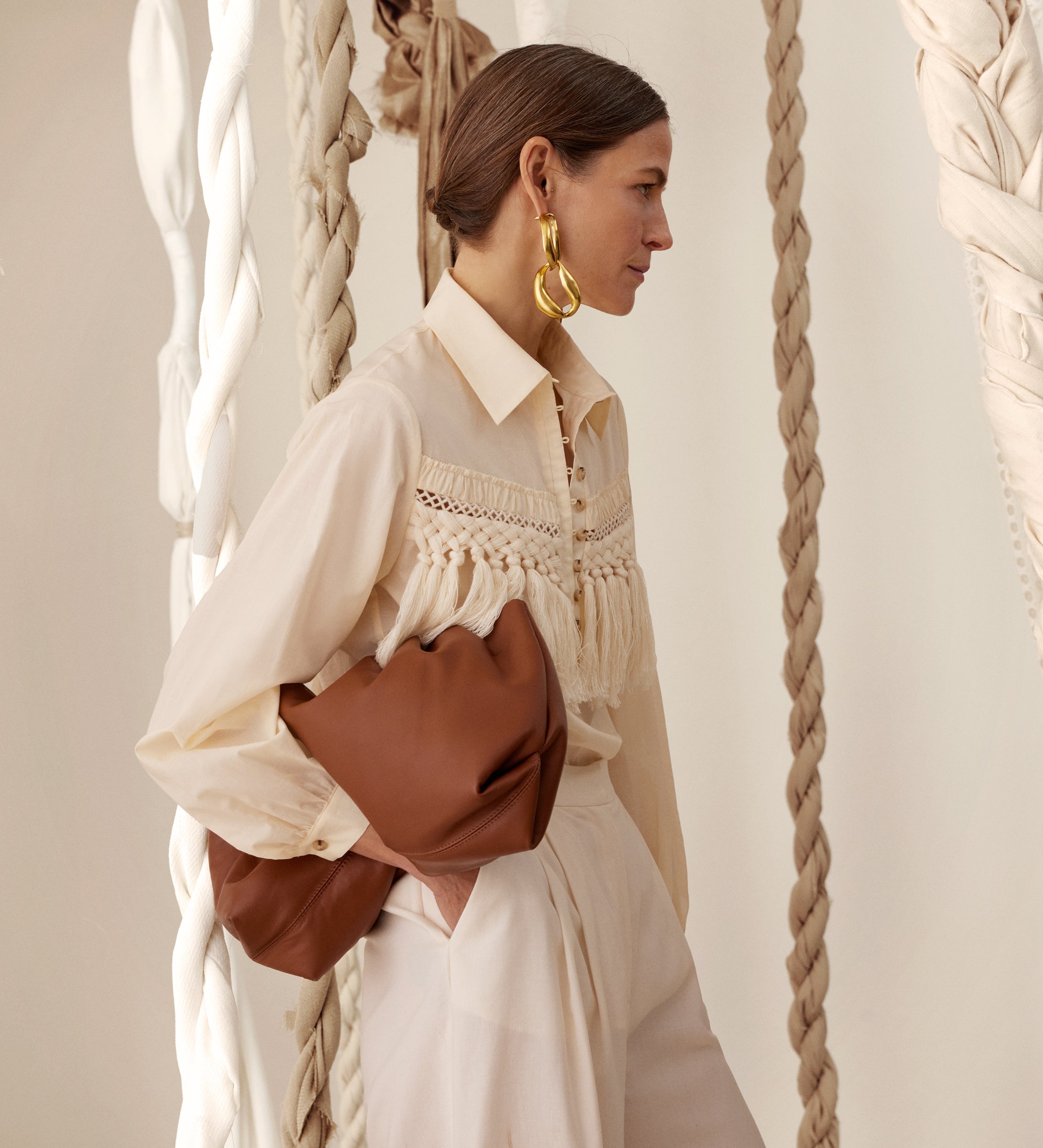 Blouse with fringe yoke