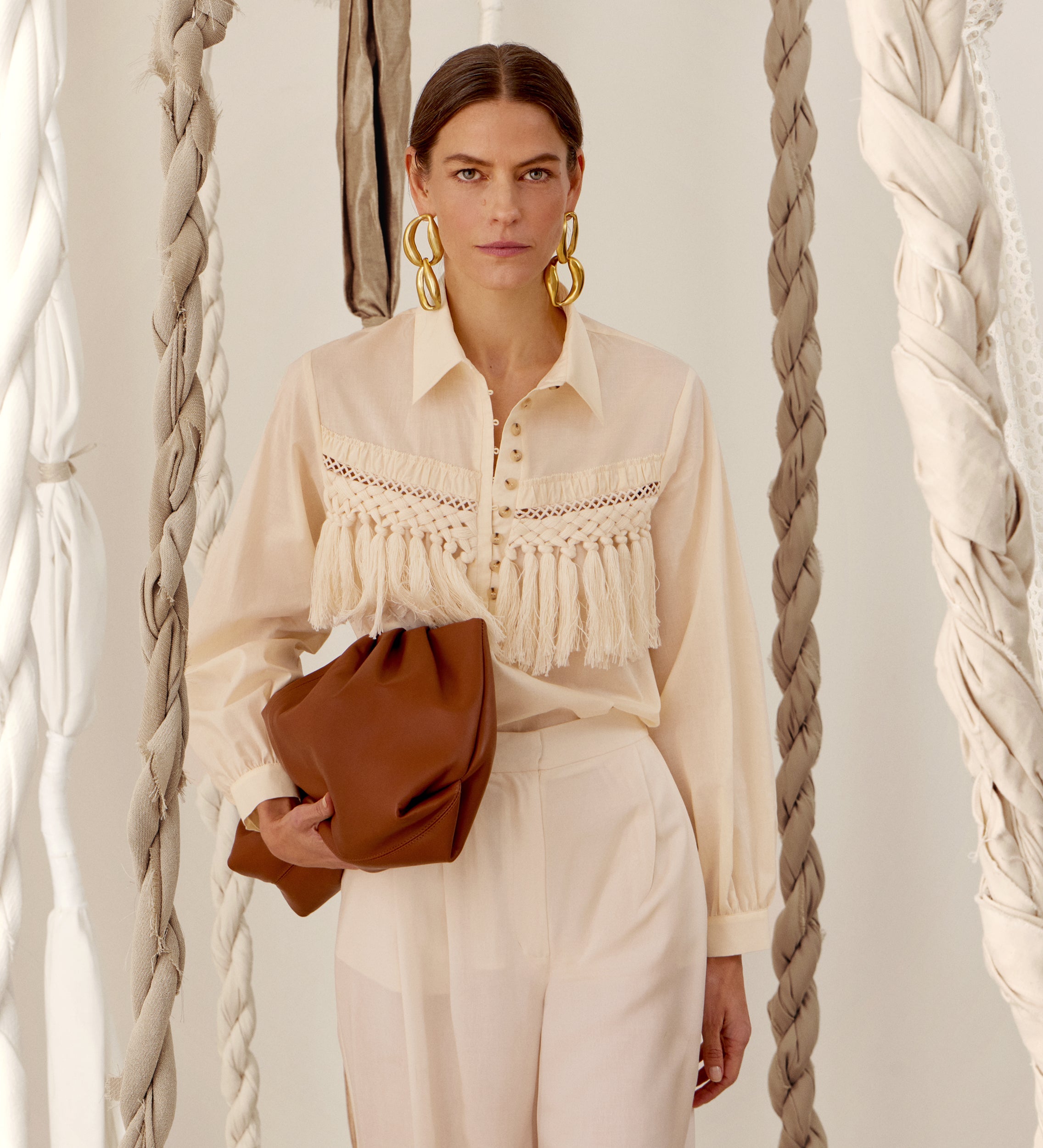 Blouse with fringe yoke