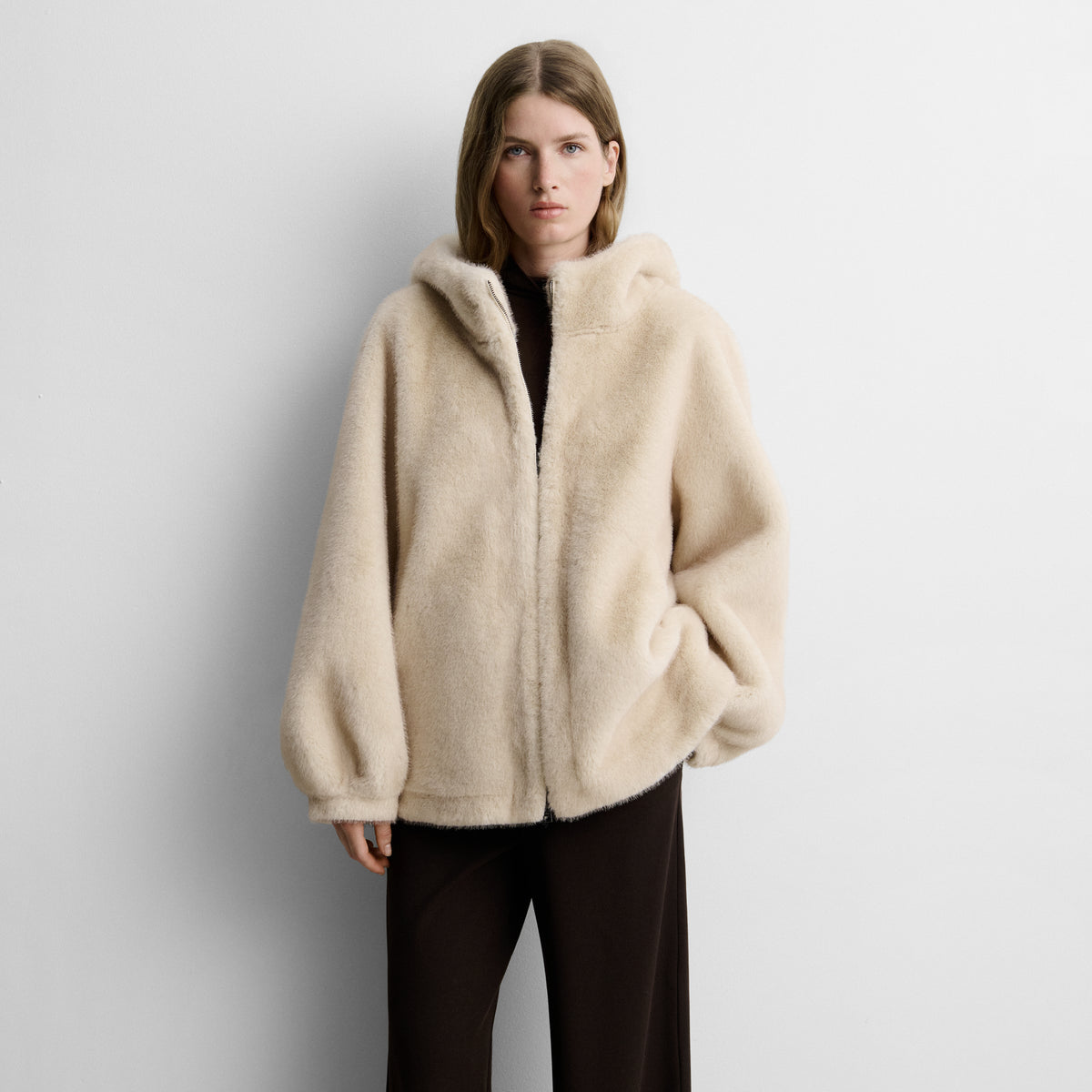 Faux-fur effect long jacket