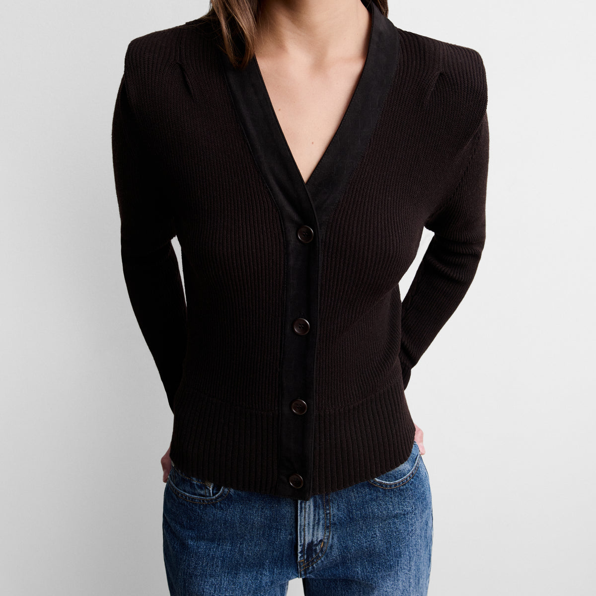Knit cardigan with shoulder pads