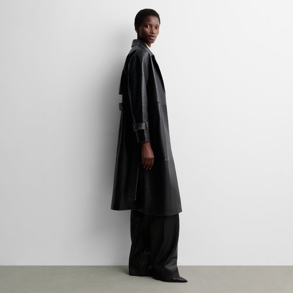 Long faux leather trench coat