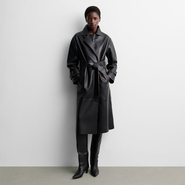 Long faux leather trench coat
