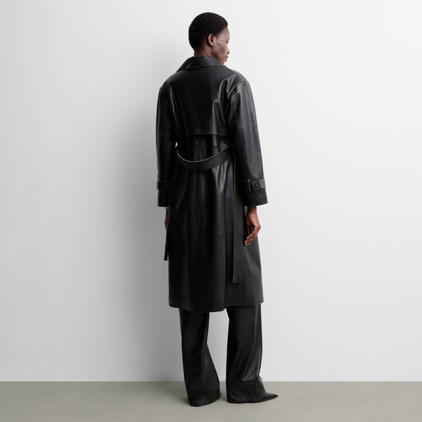 Long faux leather trench coat