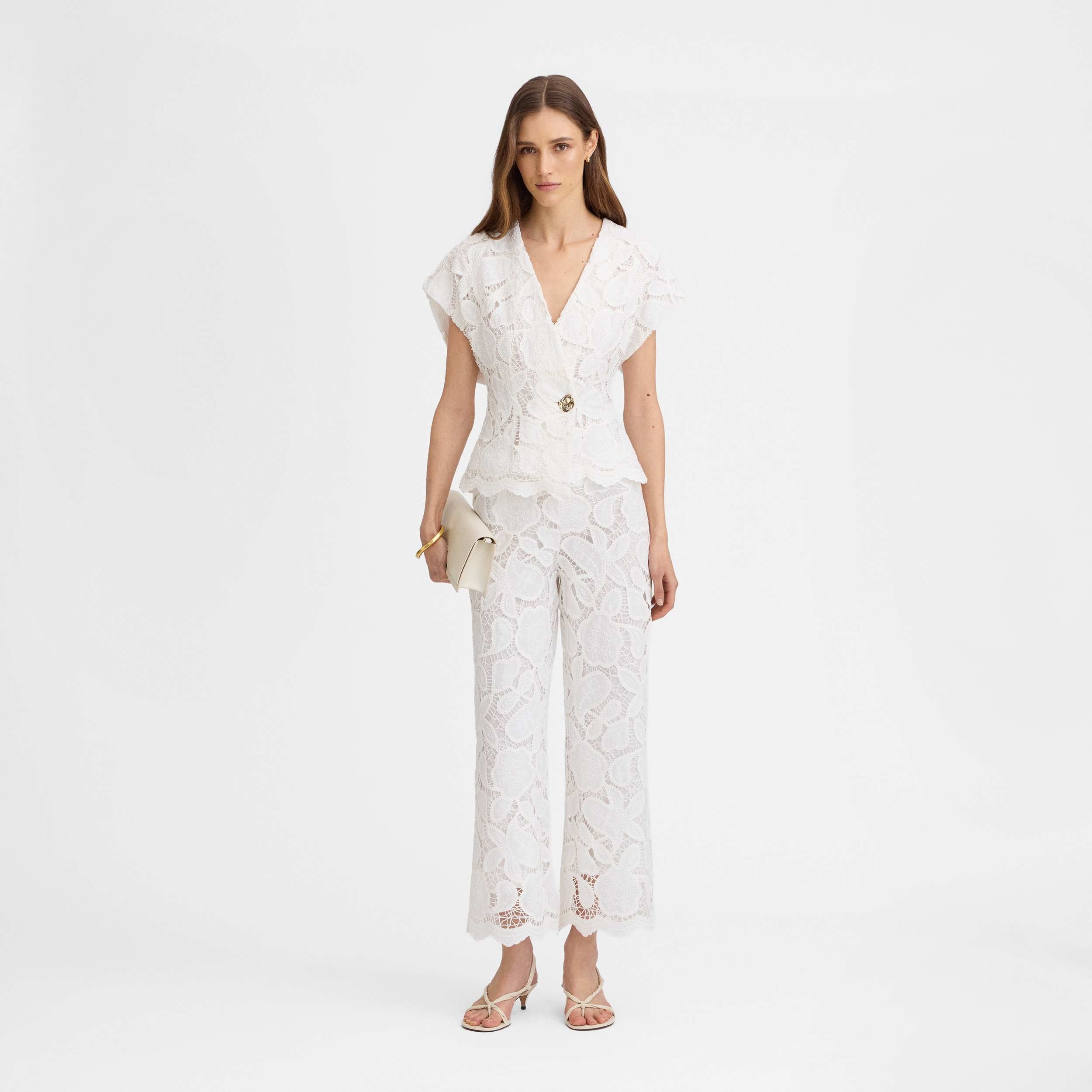 Embroidered guipure crop pants